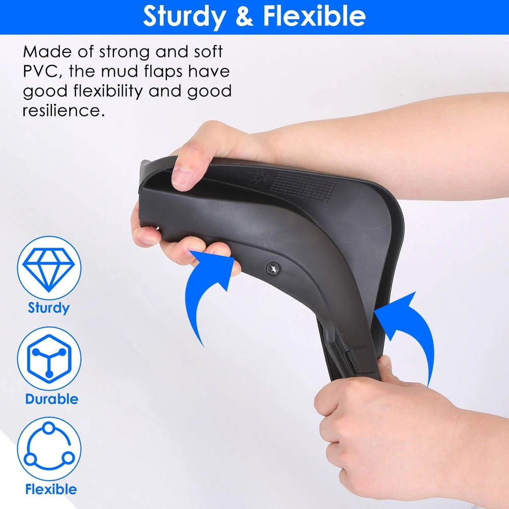Hand holding a sturdy PVC mud flap, demonstrating its flexibility and resilience, against a plain background with text highlighting its features.