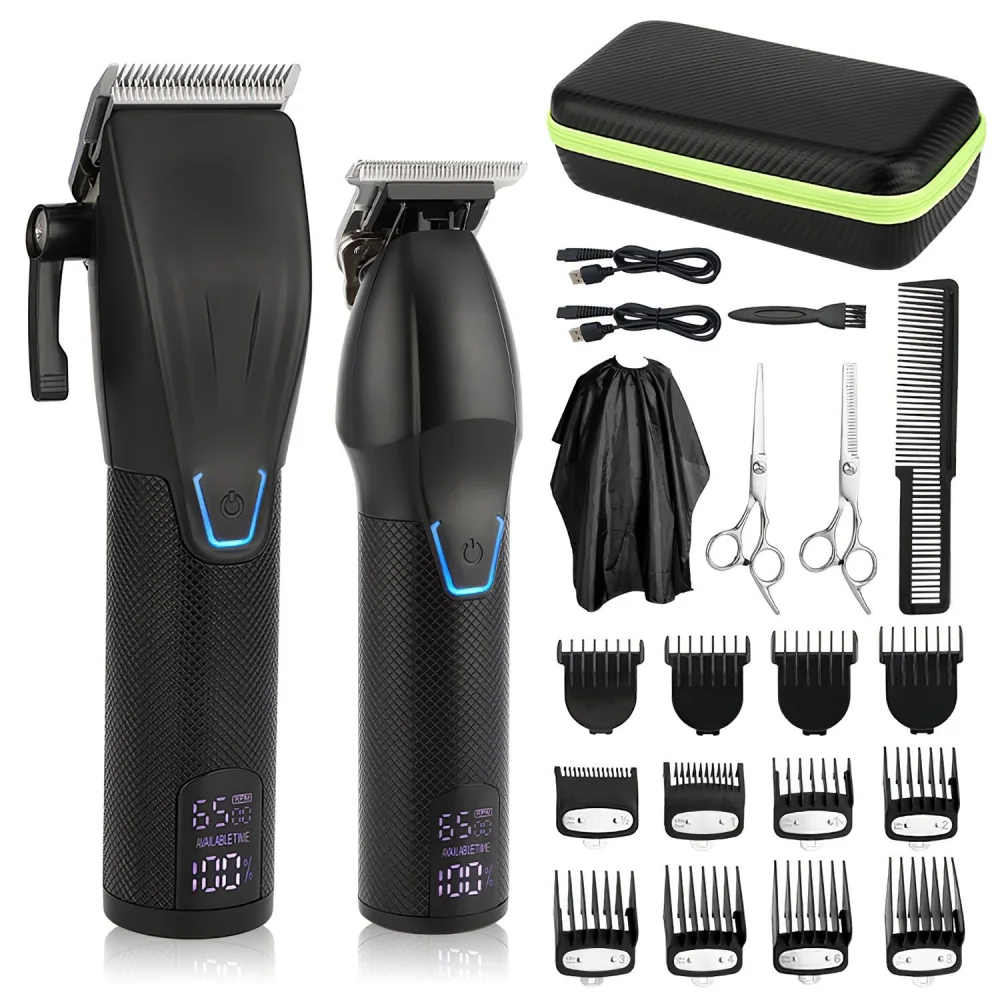 Professional wireless hair clipper set with LED display, including two trimmers, hair scissors, comb, cape, charging cables, cleaning brush, and multiple guard attachments, all organized in a stylish black and green carrying case.
