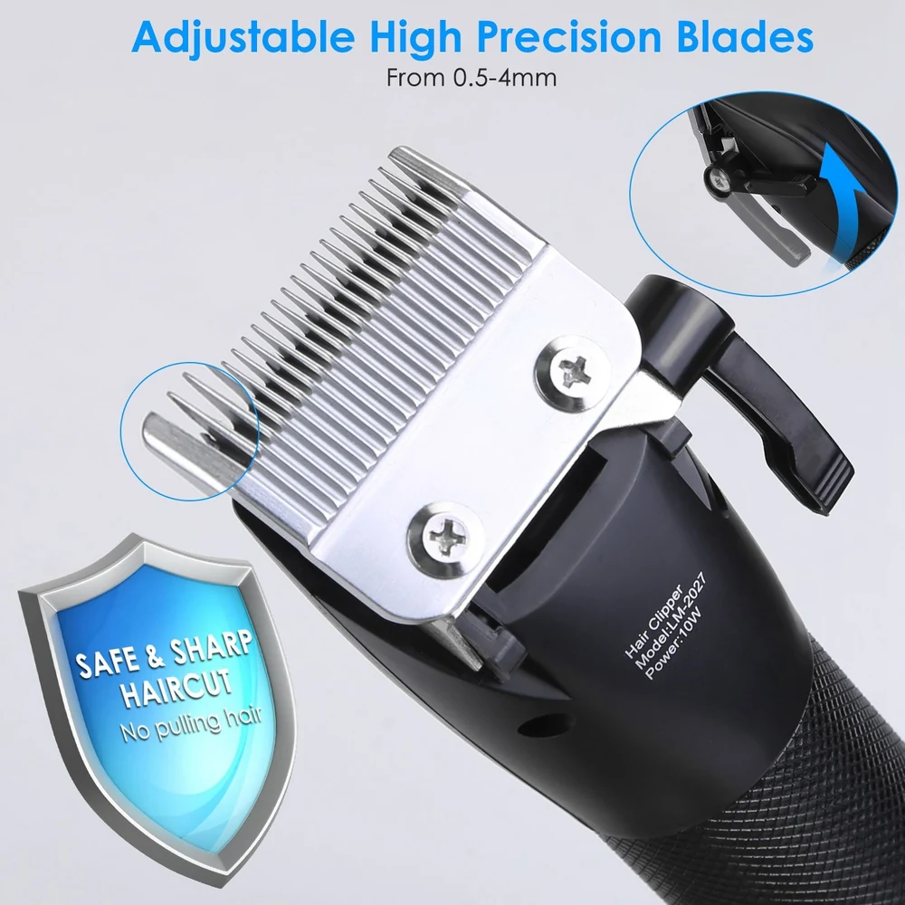 Adjustable hair clipper with high precision blades ranging from 0.5 to 4mm, featuring a safe and sharp design that prevents hair pulling.