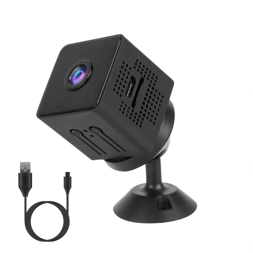 Compact black webcam with a square design, featuring a lens and USB-C port, mounted on a round base, accompanied by a USB charging cable.