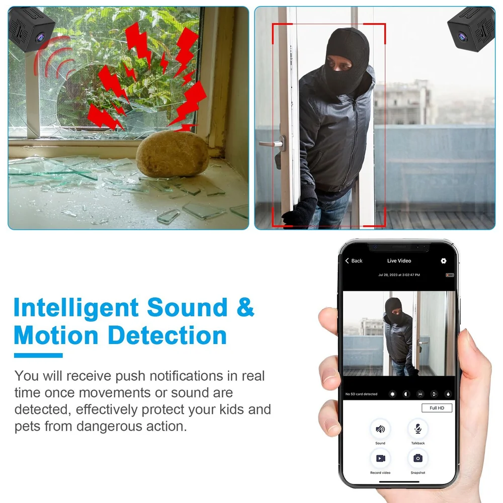 Intelligent sound and motion detection security camera alerting users to potential intruders through live notifications and video monitoring, showcasing shattered glass and an entering figure for enhanced home security.