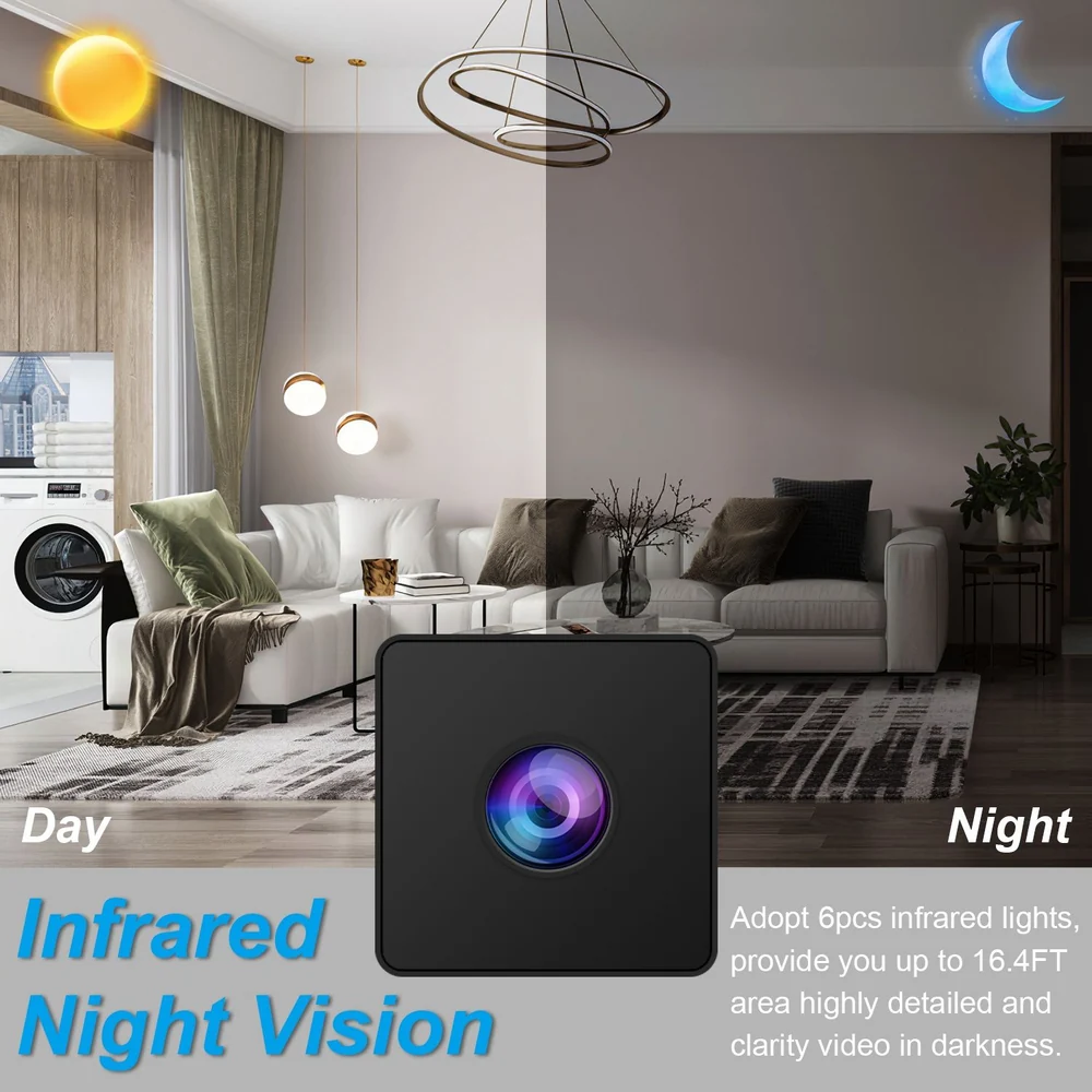 Infrared night vision camera showing daytime and nighttime functionality, highlighting its ability to provide detailed video clarity in darkness up to 16.4 feet.
