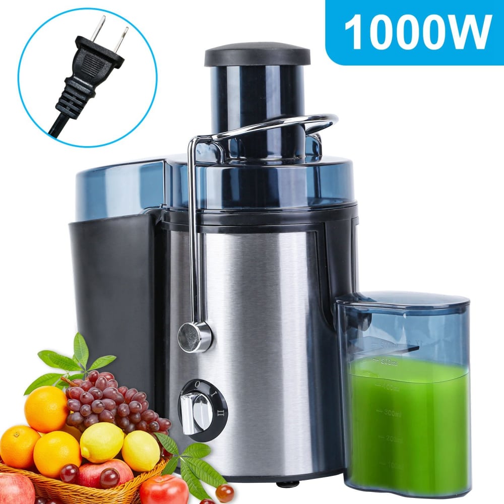 High-power 1000W stainless steel juicer with a clear juice container, featuring various fresh fruits like apples, oranges, and grapes in front.