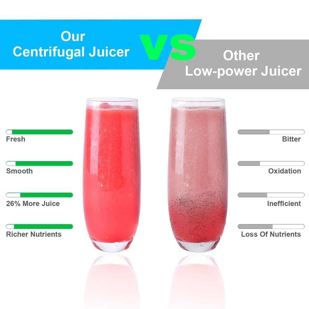 Comparison of juice quality between a centrifugal juicer and a low-power juicer, showcasing vibrant red juice on the left and duller pink juice on the right, highlighting freshness, smoothness, juice yield, and nutrient retention.