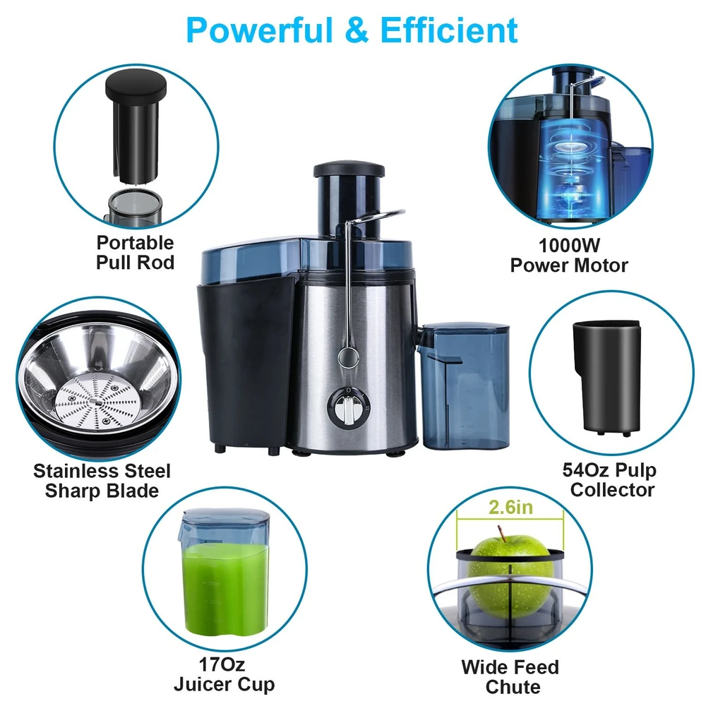 Stainless steel juicer with a 1000W motor, features a wide feed chute, 17oz juicer cup, and 54oz pulp collector for efficient juice extraction.