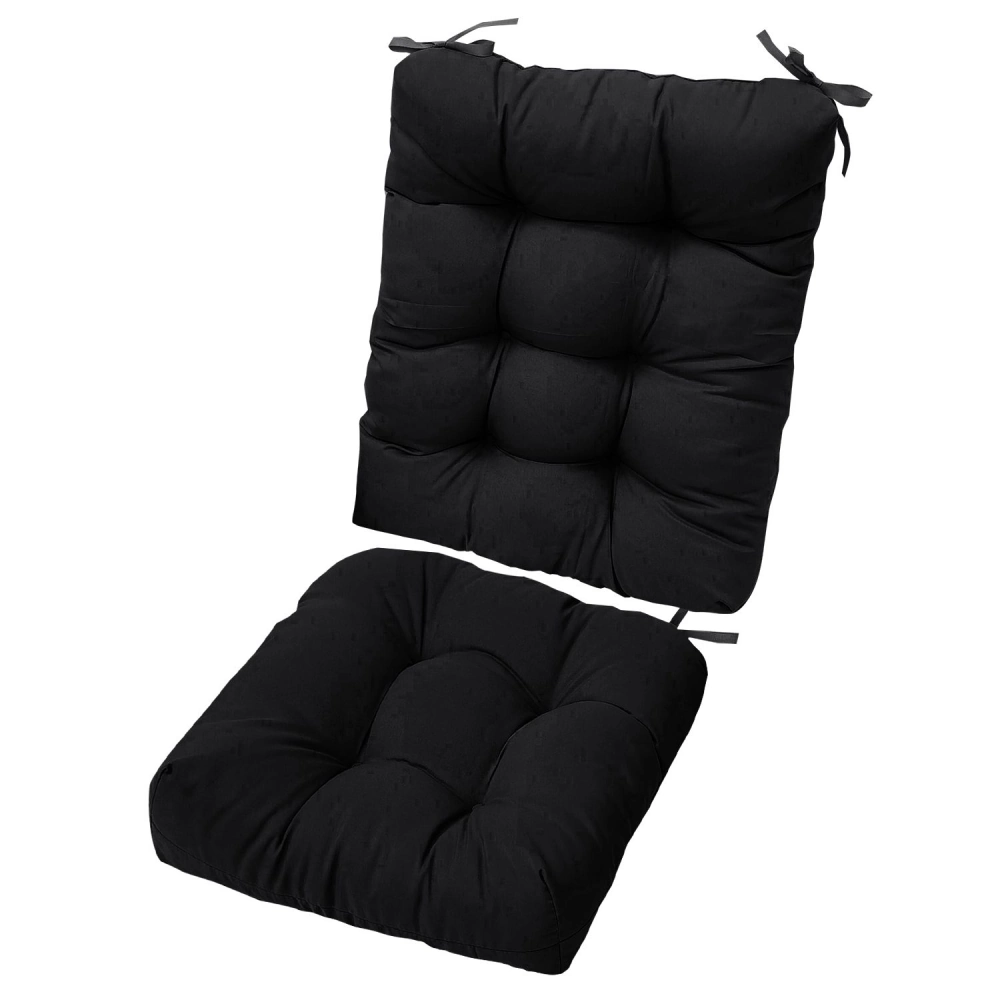 Black tufted outdoor chair cushion set with ties for secure attachment, featuring a thick, comfortable design for added relaxation.
