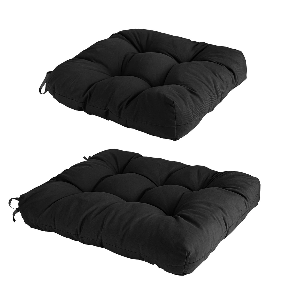 Black plush seat cushions, featuring a tufted design and convenient side straps, ideal for indoor or outdoor use.