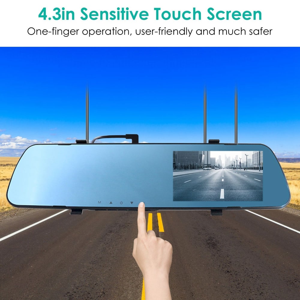 4.3-inch sensitive touch screen rearview mirror with one-finger operation, displayed in a scenic highway setting, showcasing user-friendly design and enhanced safety features.