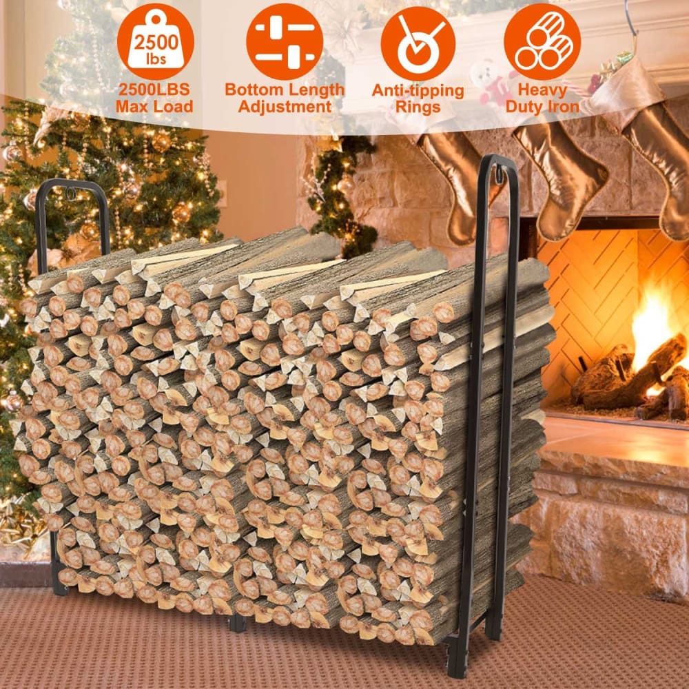 Heavy-duty iron log rack holding neatly stacked firewood, designed to support up to 2500 lbs with adjustable length and anti-tipping rings, set against a cozy fireplace backdrop decorated for the holidays.
