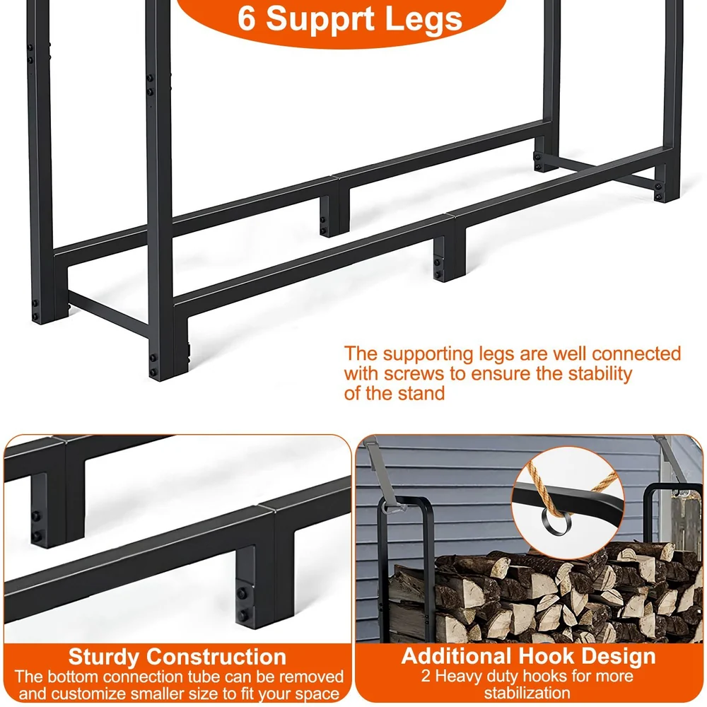 Sturdy firewood rack featuring six support legs for enhanced stability, removable bottom connection tube for customizable sizing, and two heavy-duty hooks for added security in outdoor storage.
