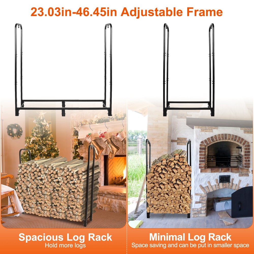 Adjustable log rack showcasing two configurations: a spacious setup holding a large pile of logs on the left, and a compact version on the right for space-saving storage, with dimensions ranging from 23.03in to 46.45in.