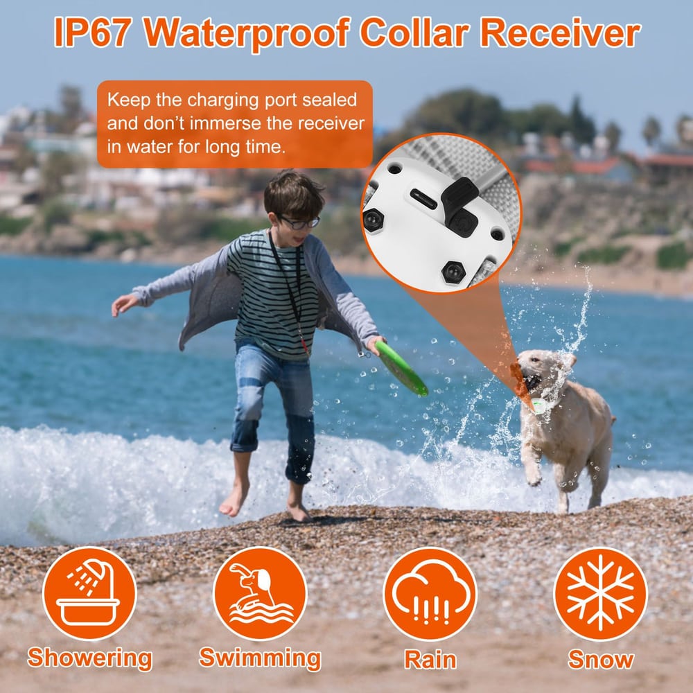 IP67 waterproof collar receiver showcased with a child playing fetch with a dog at the beach, featuring icons for showering, swimming, rain, and snow, highlighting its durable design for outdoor use.