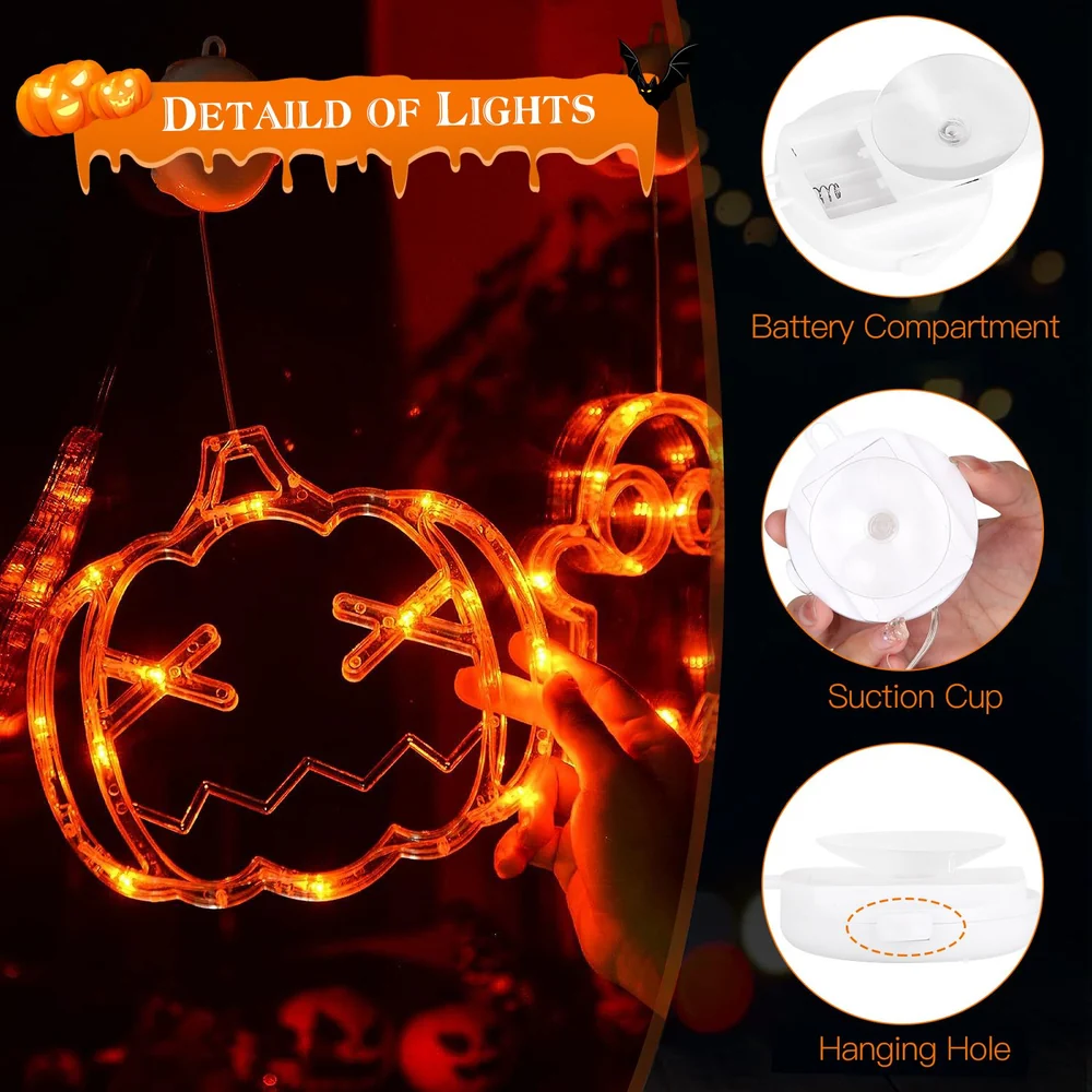 Halloween pumpkin-shaped LED light display with orange glowing lights, featuring a battery compartment, suction cup, and hanging hole for easy installation.