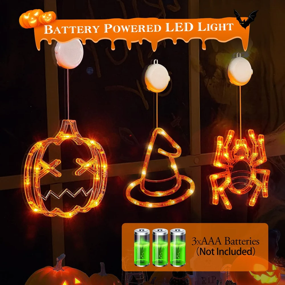 Battery powered LED Halloween decorations featuring a pumpkin, witch hat, and spider, designed for fun festive lighting; requires 3 AAA batteries (not included).