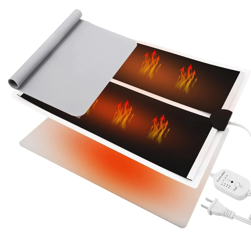 Electric heated mat with adjustable temperature settings, featuring a soft gray top layer and a warm orange underside, designed for improving circulation and providing soothing warmth.