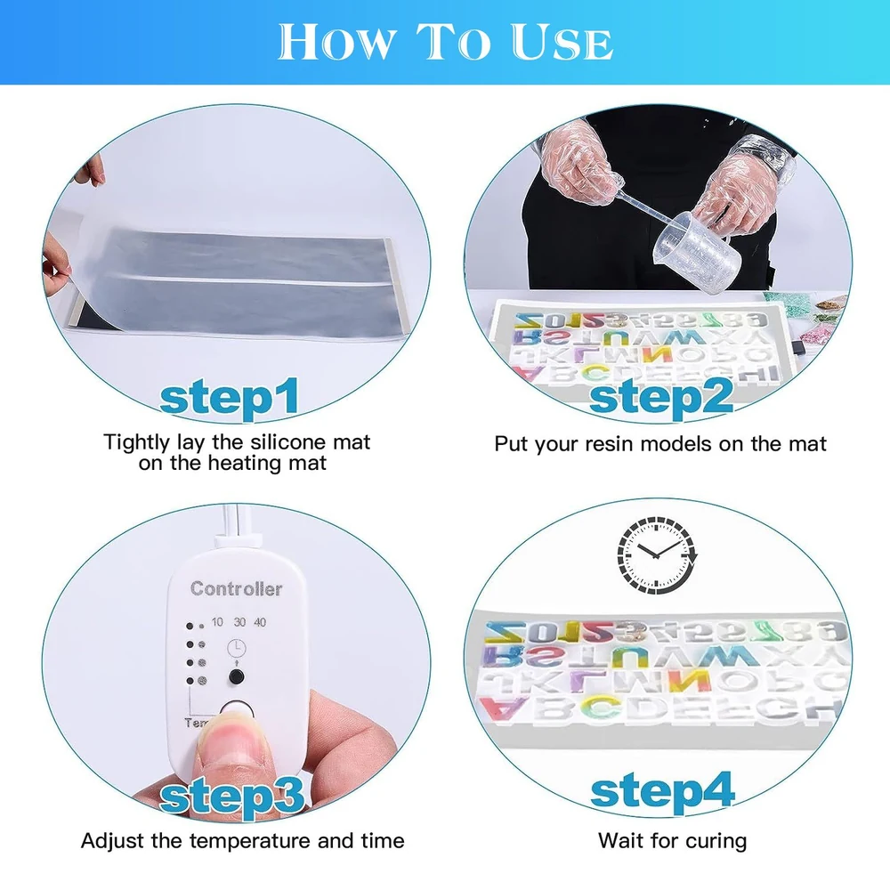 Step-by-step guide for using a silicone mat with heating: 1) Lay the mat on the heating surface, 2) Place resin models on the mat, 3) Adjust the controller for temperature and time, 4) Wait for curing.