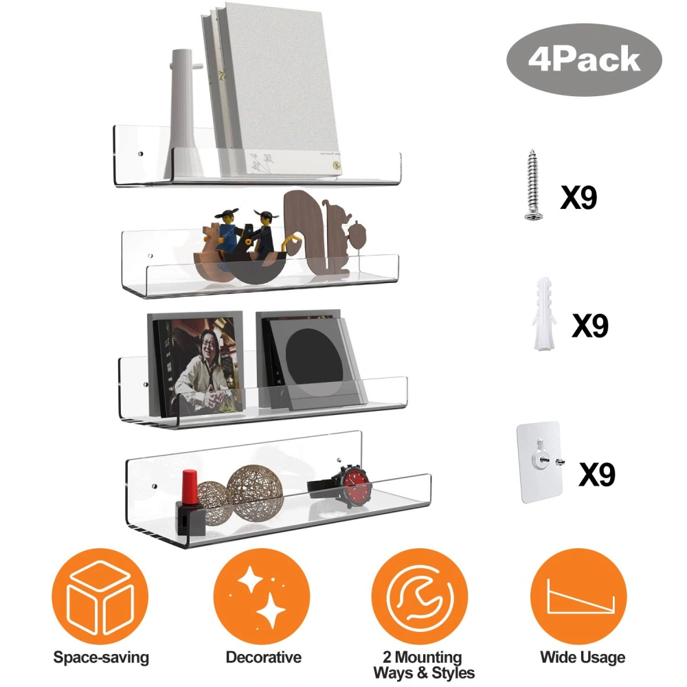 Four-pack of clear acrylic floating shelves displaying books, decorative items, and photo frames, featuring mounting hardware and icons highlighting space-saving, decorative use, multiple mounting options, and versatility.