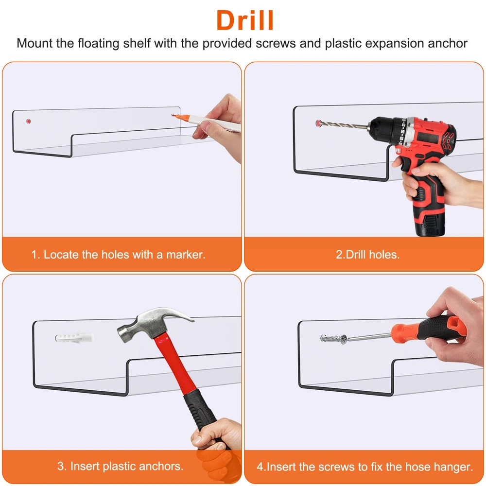Step-by-step instructions for mounting a floating shelf, including drilling holes, inserting plastic anchors, and securing with screws, featuring a clear acrylic shelf and tools.