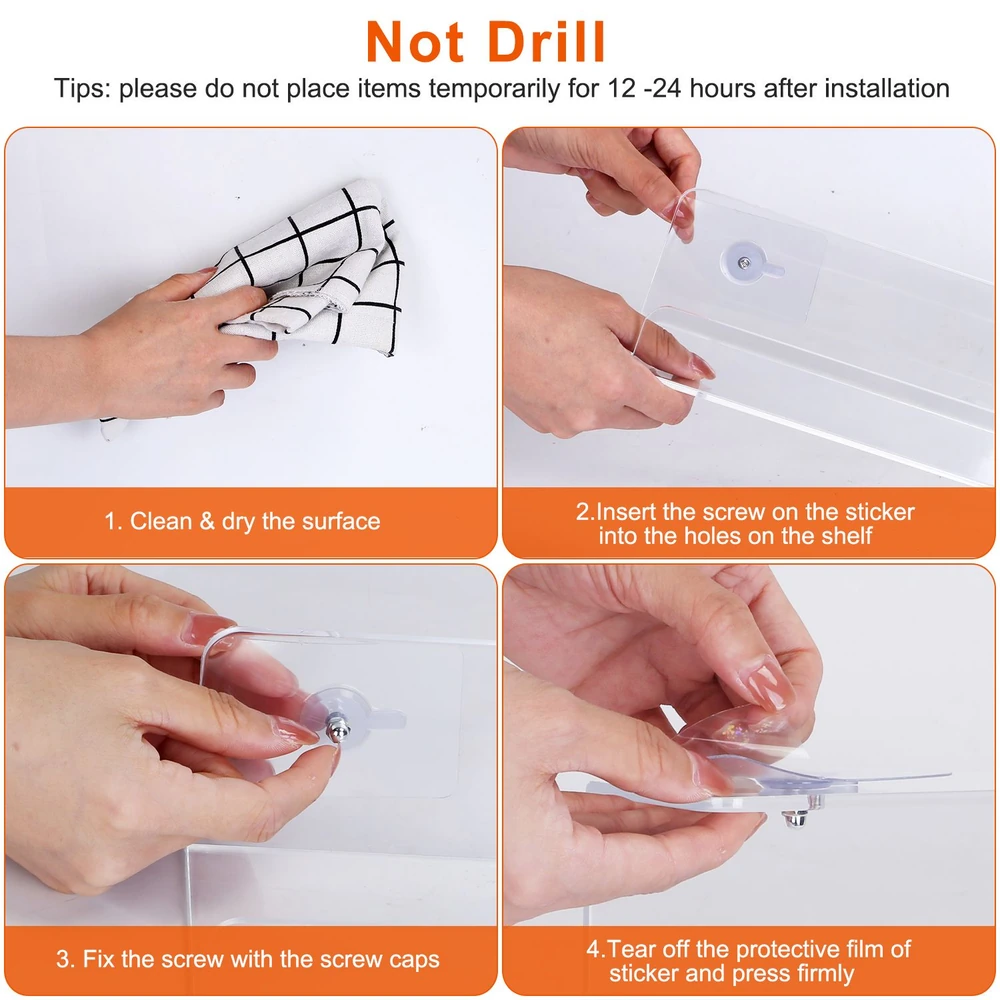 Step-by-step installation guide for a no-drill wall shelf with hands demonstrating cleaning the surface, attaching screws, and securing the shelf.