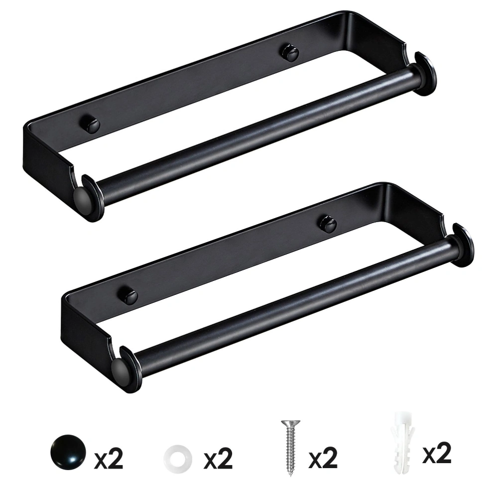 Set of two black metal towel bars with mounting hardware, perfect for modern bathroom decor.
