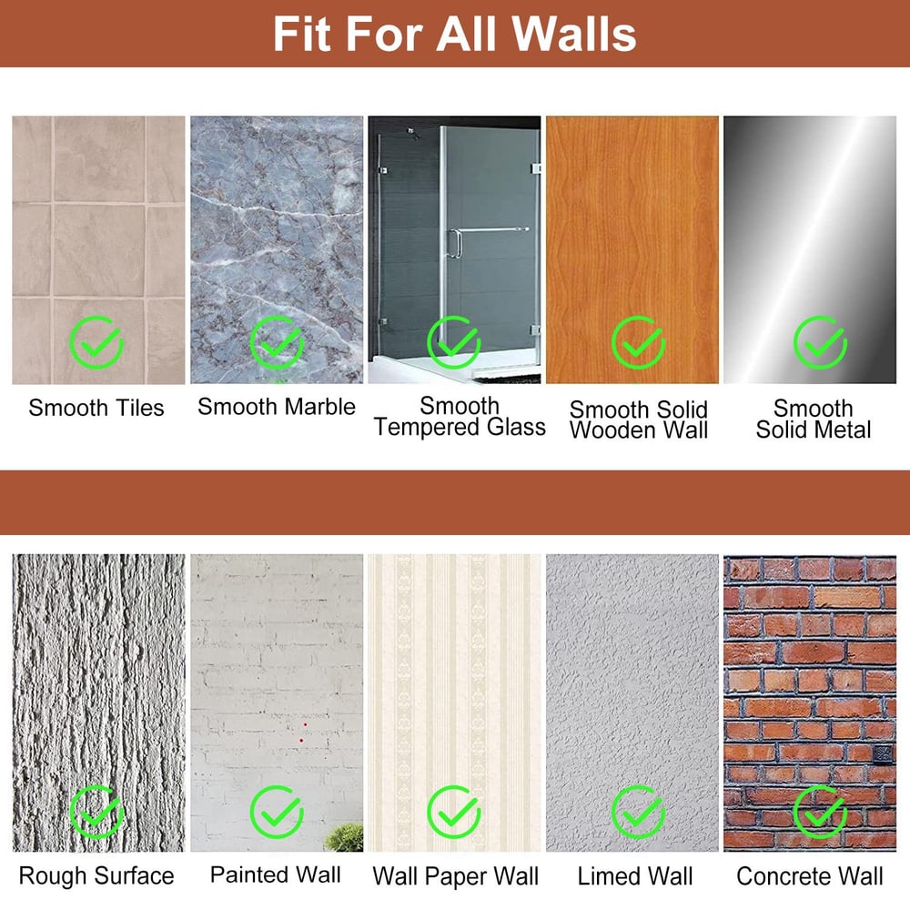 Illustration showing various wall types suitable for product application, including smooth tiles, smooth marble, tempered glass, solid wood, and metal, as well as rough surfaces, painted, wallpapered, limed, and concrete walls, all marked with green checkmarks for compatibility.
