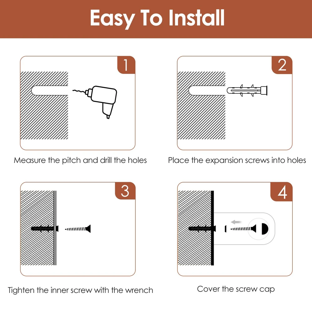 Instructional diagram showing steps for easy installation of expansion screws: measuring and drilling holes, placing screws, tightening with a wrench, and covering the screw cap.