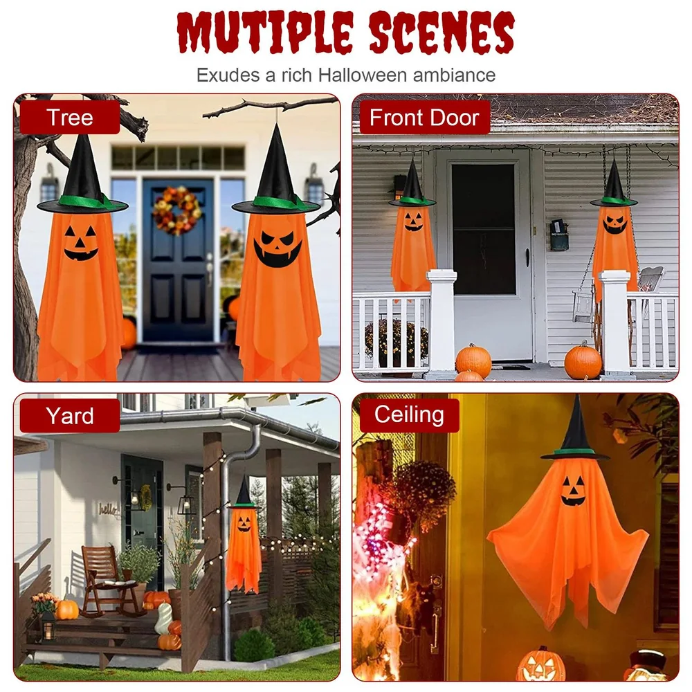 Halloween ghost decorations with pumpkin faces and witch hats, displayed in various settings including a tree, front door, yard, and ceiling, creating a festive spooky ambiance.