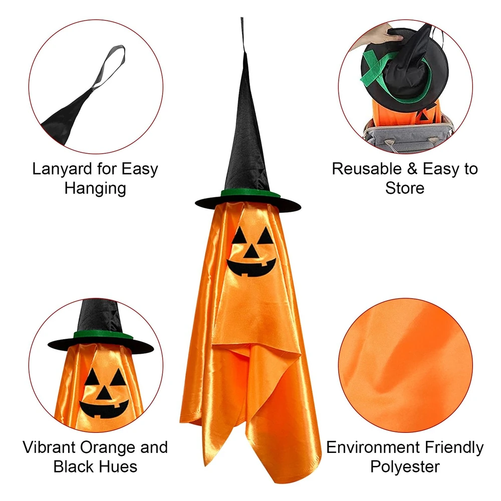 Halloween decoration featuring an orange cape with a smiling jack-o'-lantern face, black witch hat, and lanyard for hanging, made from eco-friendly polyester.