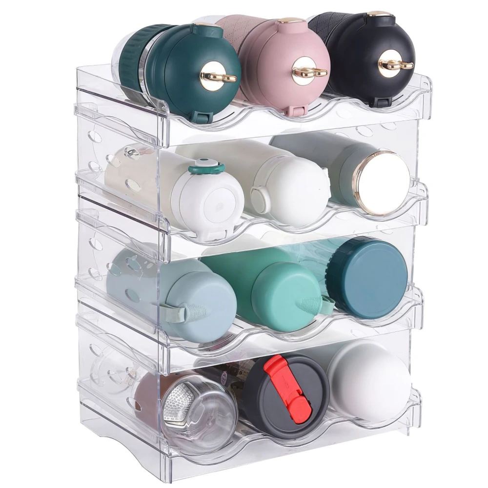 Colorful stackable water bottle organizer displaying various sizes and styles of water bottles in a clear acrylic holder.