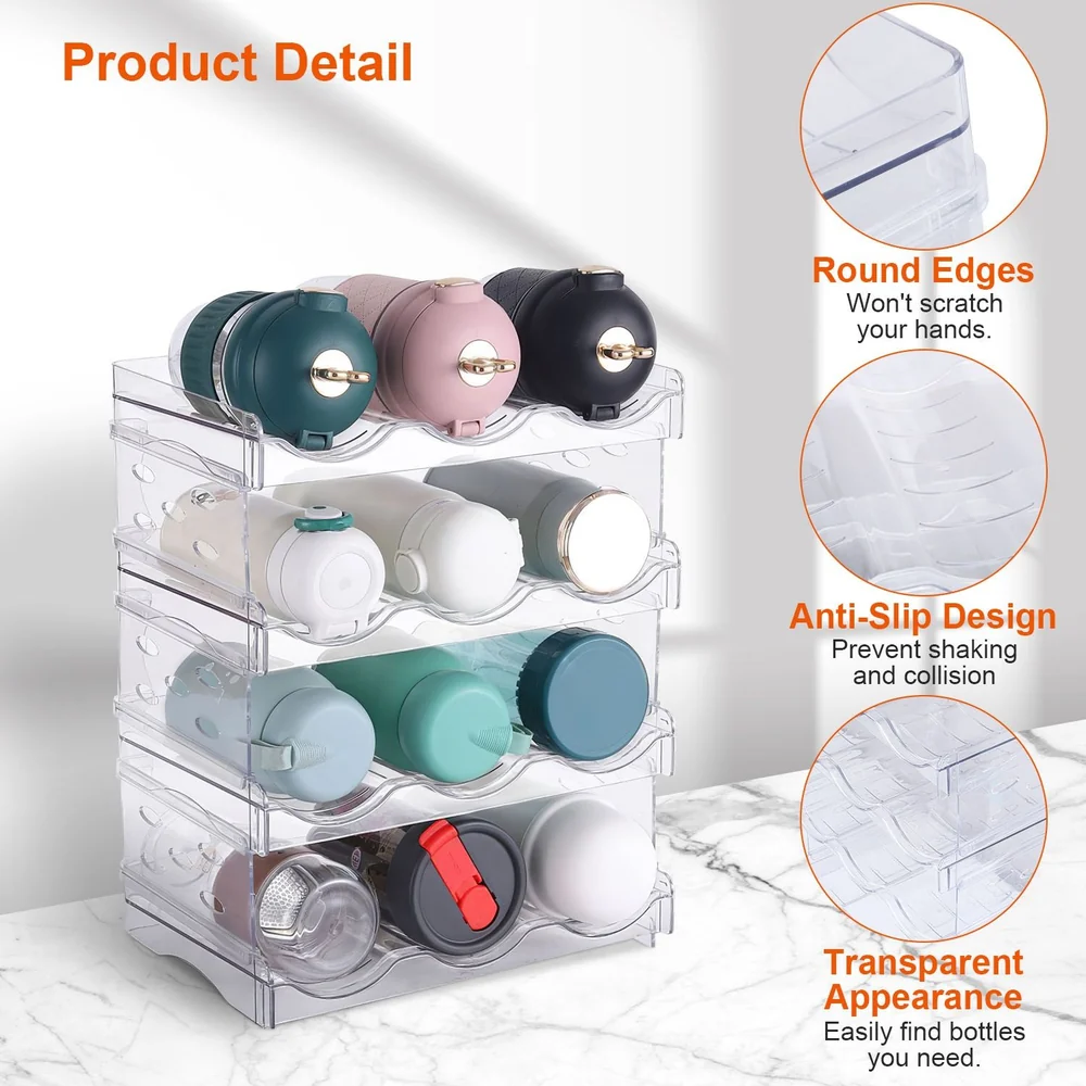 Clear acrylic bottle organizer displaying various colorful bottles, featuring round edges for safety, anti-slip design to prevent shaking, and a transparent structure for easy visibility of contents.