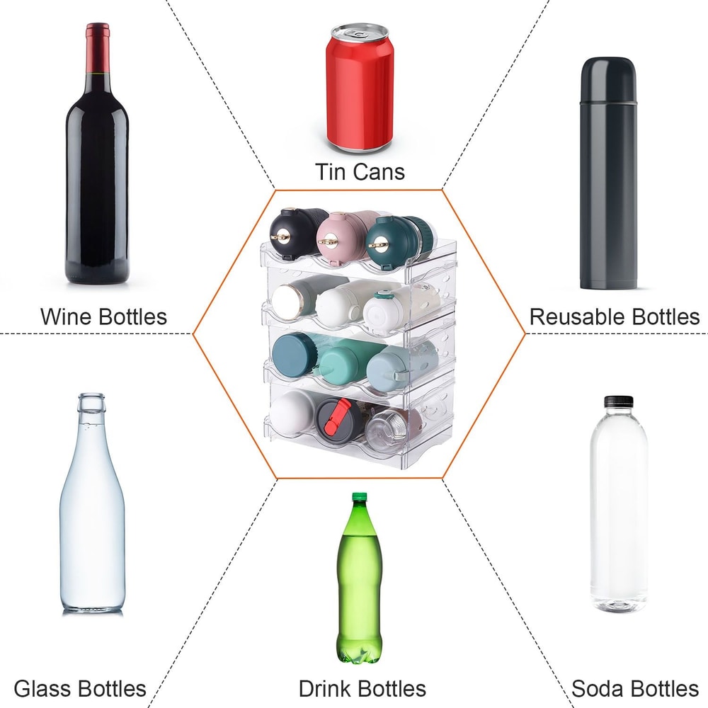 Organizational display featuring various bottle types, including wine bottles, tin cans, reusable bottles, glass bottles, drink bottles, and soda bottles arranged in a clear storage rack.
