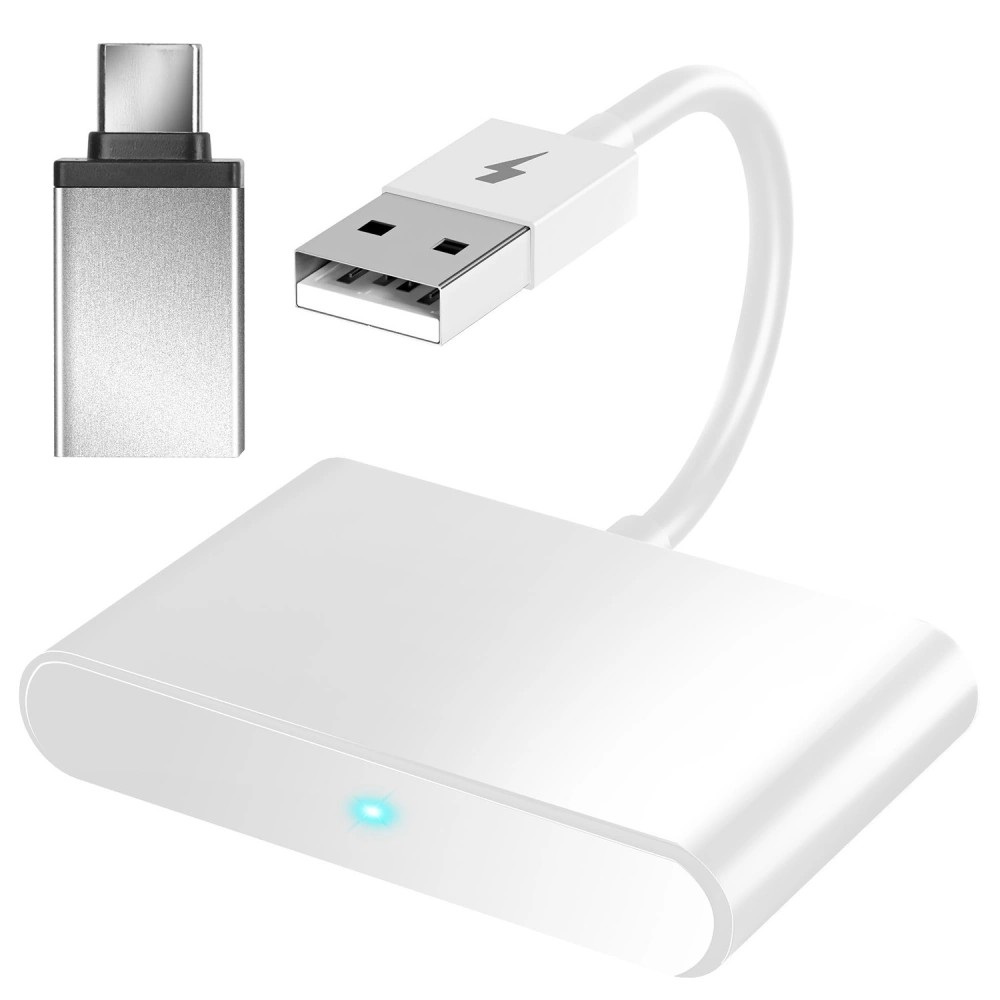 USB-C to USB adapter with a modern design, featuring a white connector and silver casing, ideal for data transfer and charging devices.