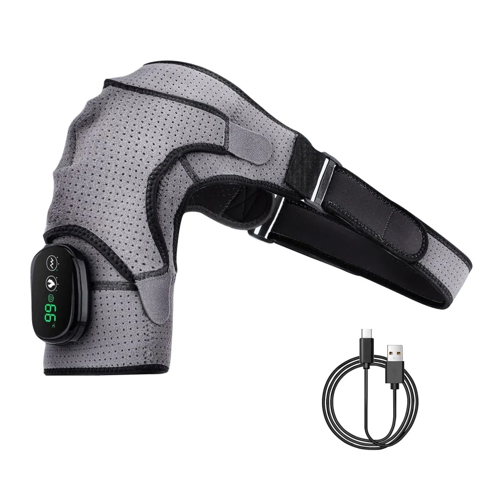 Adjustable gray knee brace with integrated digital temperature display and USB charging cable, designed for comfort and support.