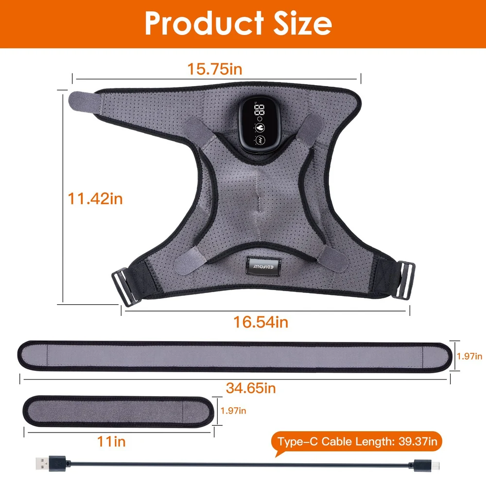 Product image displaying the dimensions of a breathable gray fitness vest, measuring 15.75 inches by 11.42 inches, with additional adjustable straps and a Type-C cable for charging.