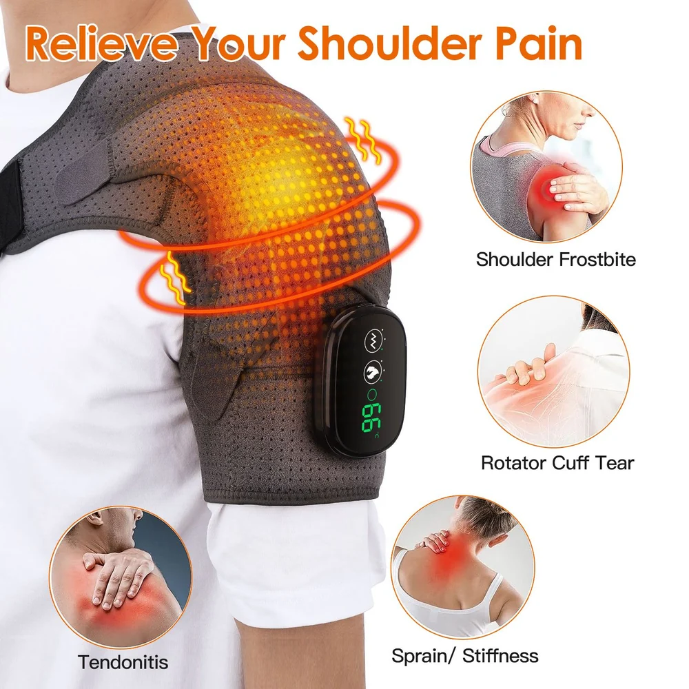 Shoulder pain relief device with adjustable heating function, designed for conditions like tendonitis, rotator cuff tear, and shoulder frostbite, worn on the shoulder to alleviate discomfort.