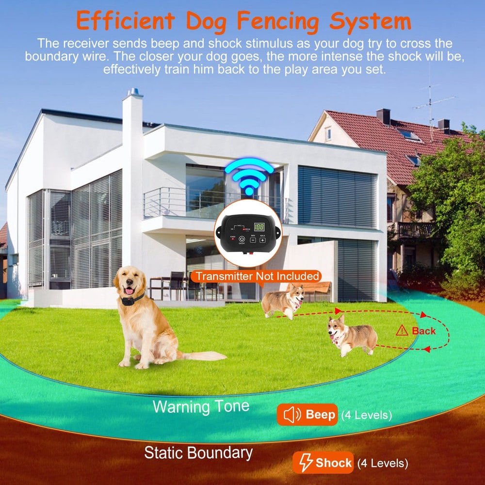 Efficient dog fencing system with wireless receiver for training dogs to stay within boundaries, featuring visual indicators for beep and shock levels, displayed in a green grassy yard with two dogs.