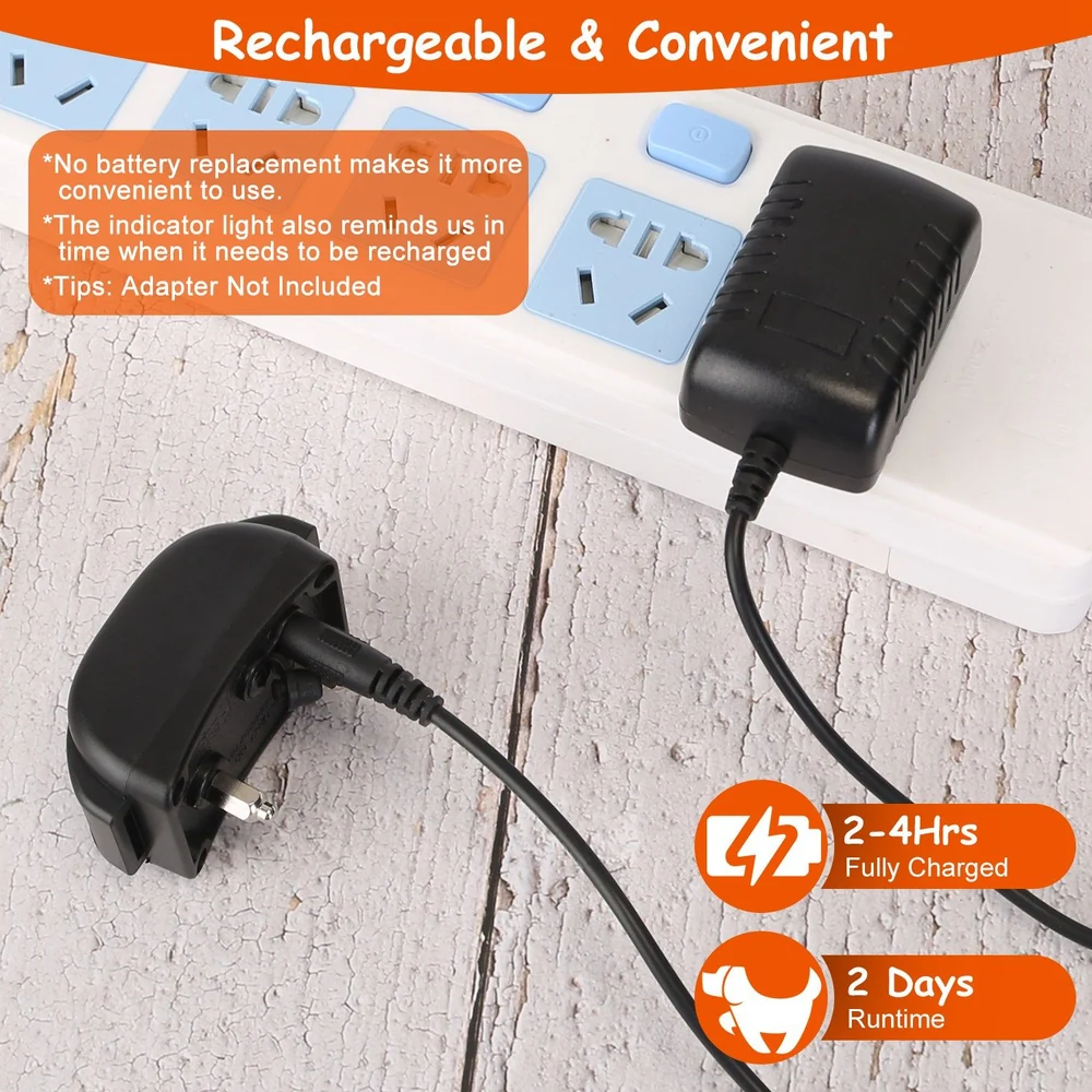 Rechargeable power adapter plugged into a power strip, highlighting features such as no battery replacement, indicator light for recharging, and runtime of up to 2 days after a full charge.