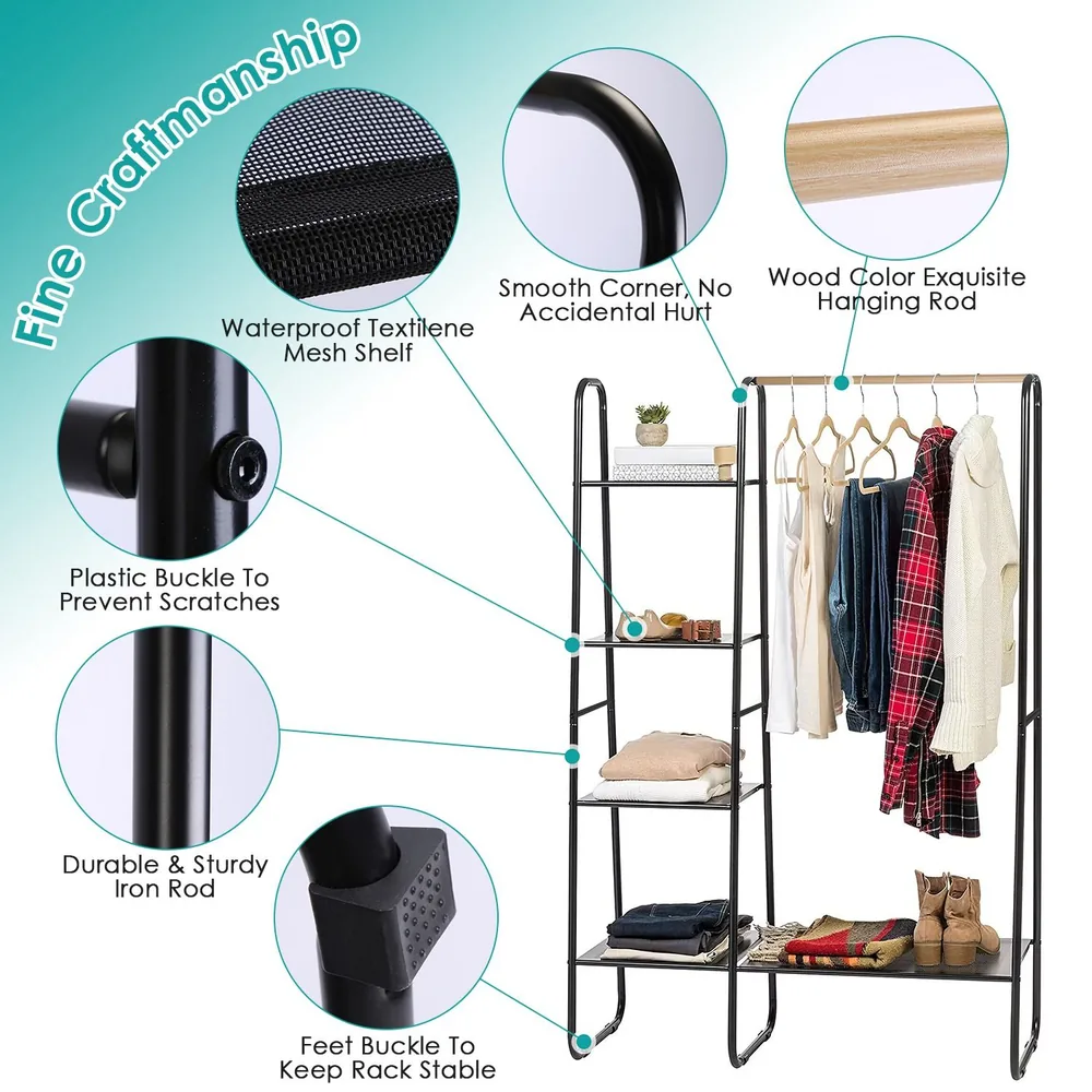 Image of a stylish, black metal clothing rack featuring waterproof textilene mesh shelves, a wooden hanging rod, and various clothing items displayed, showcasing its durable design with plastic buckles to prevent scratches and stabilize the rack.
