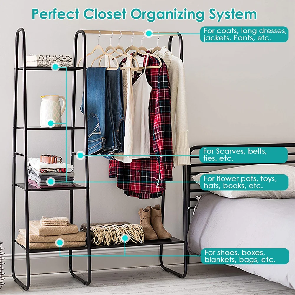 Stylish and functional closet organizing system with hanging space for clothes, shelves for shoes and accessories, perfect for maximizing storage in small spaces.