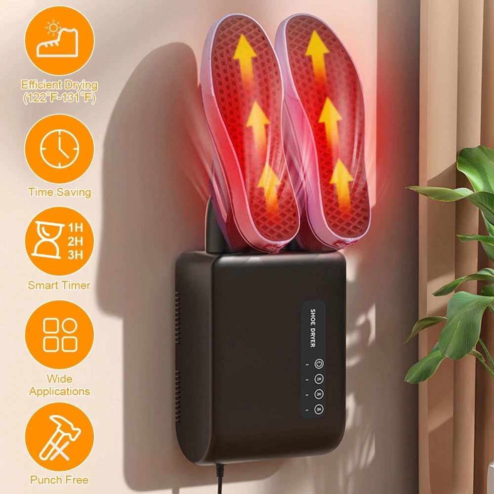 Shoe dryer with pink heating elements displaying upward arrows, providing efficient drying with smart timer settings, mounted on a wall next to a plant.