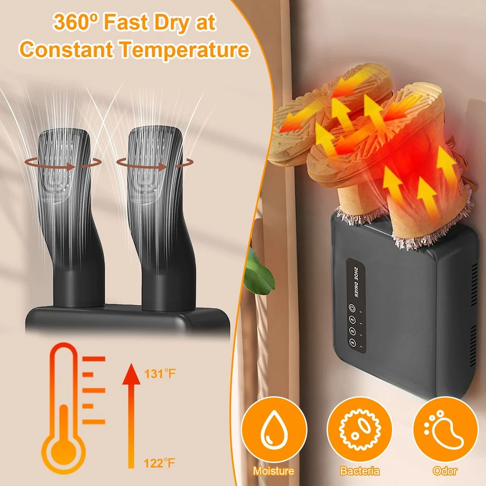 360-degree shoe dryer with dual vents and temperature display, showcasing drying boots while eliminating moisture, bacteria, and odor, designed for effective and quick drying.