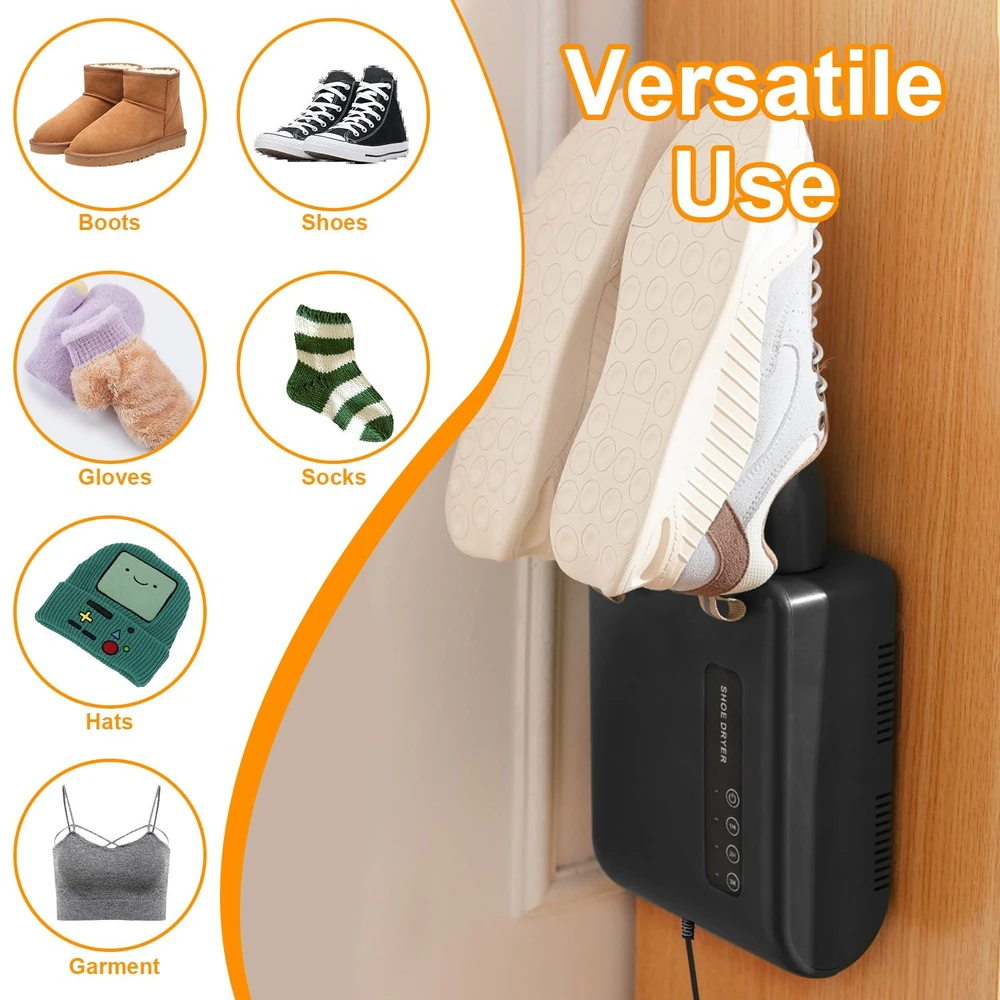 Shoe dryer with versatile use, featuring boots, shoes, gloves, socks, hats, and garments, hanging on a door for efficient drying and odor removal.