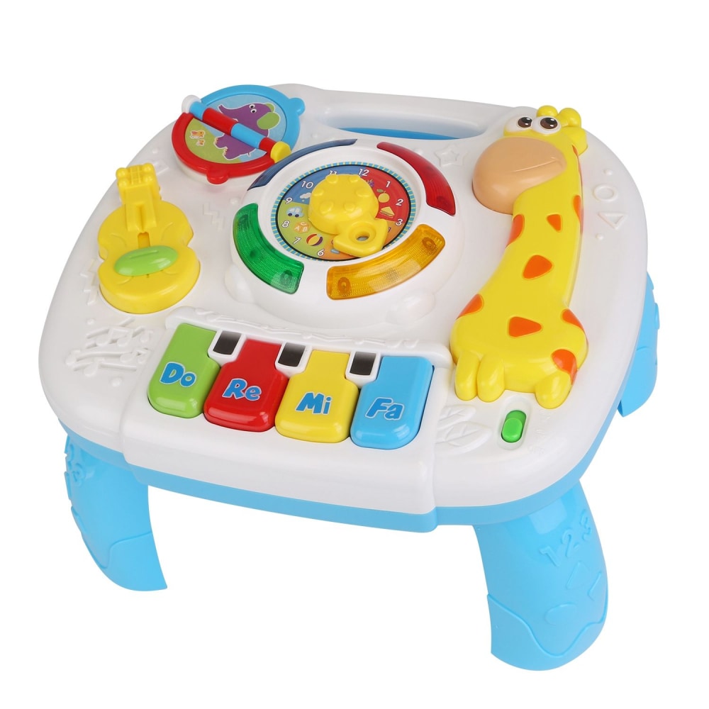 Colorful musical activity table for toddlers with piano keys, a giraffe figure, spinning roller, and interactive buttons, designed to enhance early learning and playtime.