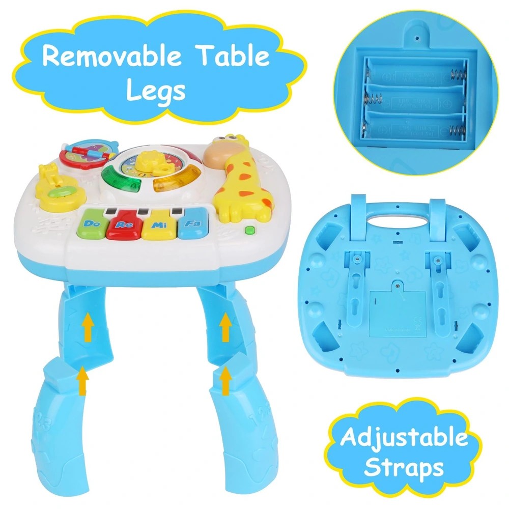 Colorful educational activity table for toddlers featuring removable legs, interactive buttons with musical notes, and adjustable straps for secure play.
