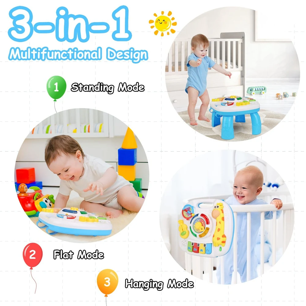 3-in-1 multifunctional baby activity table featuring standing, flat, and hanging modes for engaging play, equipped with colorful buttons and musical elements.