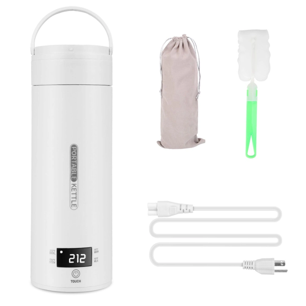 Portable electric kettle in white, featuring a digital display with temperature settings, accompanied by a storage bag and cleaning brush, ideal for travel and camping.