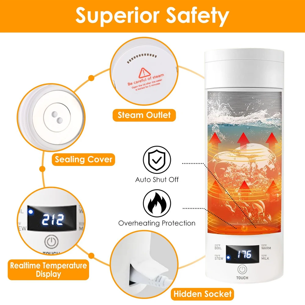 Image of a modern electric kettle featuring safety features such as steam outlet, sealing cover, real-time temperature display, auto shut off, and overheating protection, with a sleek design and hidden socket for convenience.
