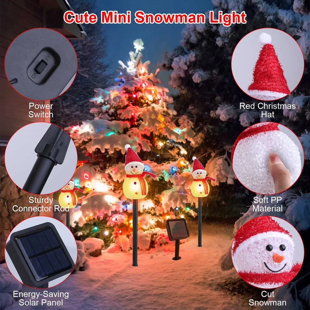 Cute mini snowman light with red Christmas hat, soft PP material, and energy-saving solar panel, glowing beside a colorful Christmas tree in a snowy outdoor setting.