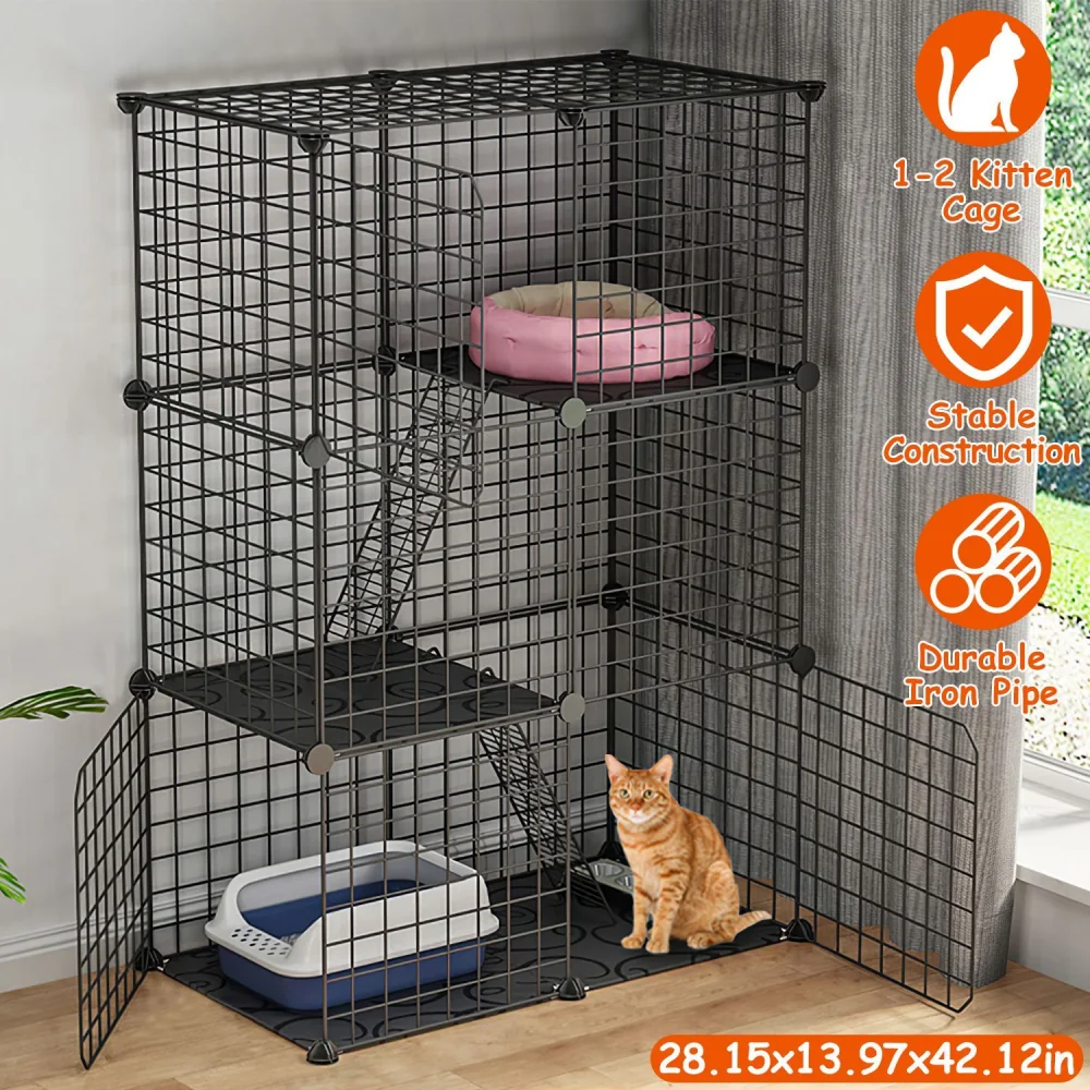 Black metal kitten cage with two levels, featuring a pink pet bed on top and a litter box below, suitable for 1-2 kittens, showcasing stable construction and durable iron pipe design.