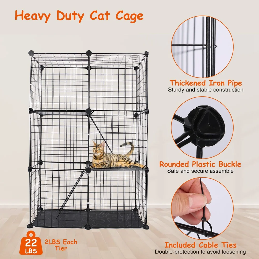 Heavy duty black cat cage with a Bengal cat resting on the bottom tier, showcasing sturdy iron pipe construction, rounded plastic buckles for safety, and included cable ties for added security.